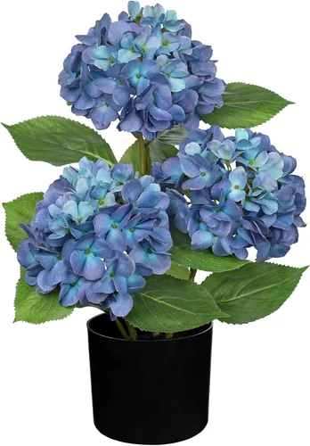 Hollyone Flores artificiales de hortensias azules en maceta, flores grandes de seda de tres cabezas, arreglos florales falsos para interiores,