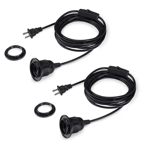 HESSION Paquete de 2 luces colgantes enchufables de 15 pies, cable de extensión negro con interruptor de encendido/apagado en línea, enchufe E26 E27