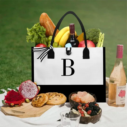 Miniatura 6 de Bolsa de playa de lona para mujer, bolsa grande de lona personalizada con bolsillo con cremallera, regalos para amigos, novia, despedida de soltera