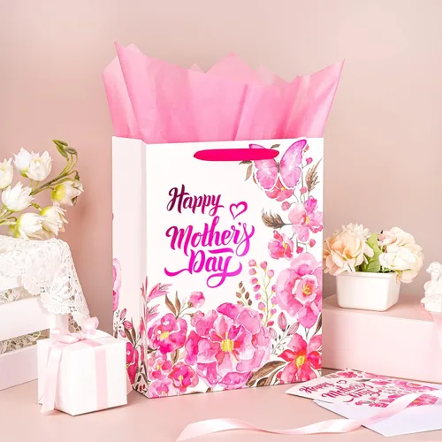Miniatura 2 de LeZakaa Bolsa de regalo para el día de la madre, letras del día de la madre, diseño floral rosa, mariposa y papel de aluminio rosa, bolsa de regalo