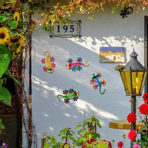 Miniatura 5 de hogardeck Gecko - Decoración de pared de metal para exteriores, paquete de 4 esculturas y estatuas de jardín de lagarto con cabeza agitada