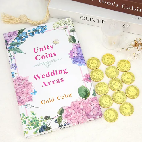 Miniatura 4 de TINGKU Juego de monedas de oro español (13 unidades), caja de almacenamiento con diseño de colección de libros para ceremonia de boda, regalo