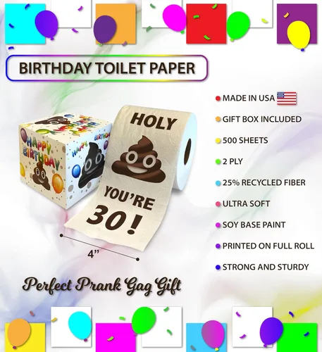 Miniatura 3 de Printed TP Regalo de papel higiénico con texto en inglés "You're 30" Birthday Party Funny Birthday Gift Broma de papel higiénico, novedad y única