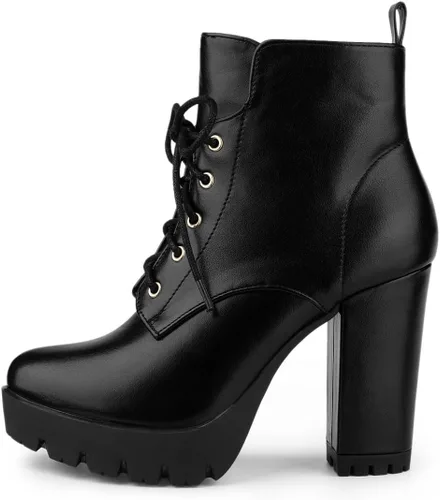Miniatura 7 de Allegra K Botas de plataforma con cordones y tacón grueso con punta redonda para mujer