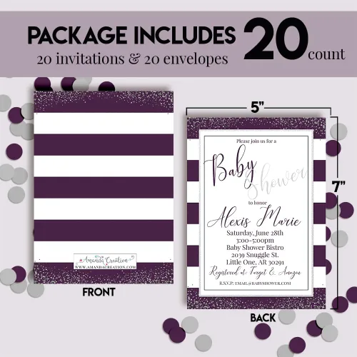 Miniatura 4 de Baby Shower personalizado invita a una invitación de baby shower plateado y morado, 20 invitaciones de ducha personalizadas de 5 x 7 pulgadas