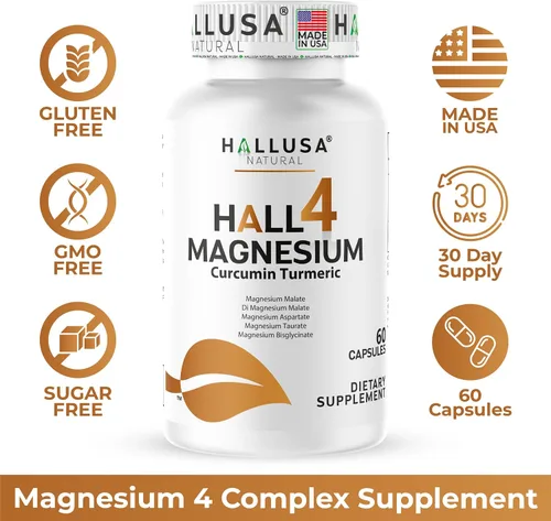 Miniatura 5 de HALL4 Magnesio 60 cápsulas – 4 complejos de magnesio malato, aspartato, taurato, bisglicinato y curcumina cúrcuma – energía, función muscular, salud