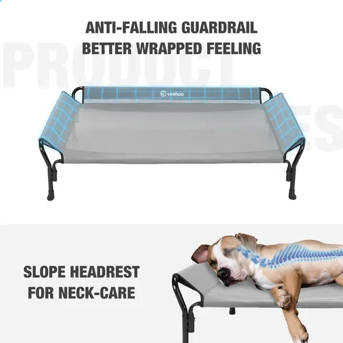 Miniatura 2 de Veehoo Cama elevada refrescante para perros, cuna elevada XL para mascotas con barandilla y reposacabezas inclinado, malla Teslin transpirable Gris