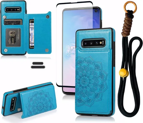 Miniatura 8 de Funda tipo cartera para Galaxy S10 de 6.1 pulgadas con tarjetero, diseño de mandala en relieve de piel sintética con doble cierre magnético