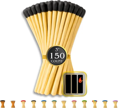 150 unidades | Cerillas negras de 3 pulgadas | Lanzadores incluidos | Pareja de madera con punta de color | Recambio para frascos de fósforo,