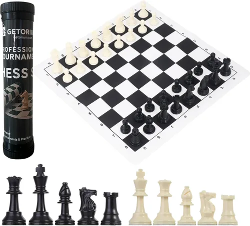 Juego de ajedrez de torneo: juego portátil y profesional con rollo de tubo de plástico portátil de viaje. Piezas de ajedrez Staunton de plástico,