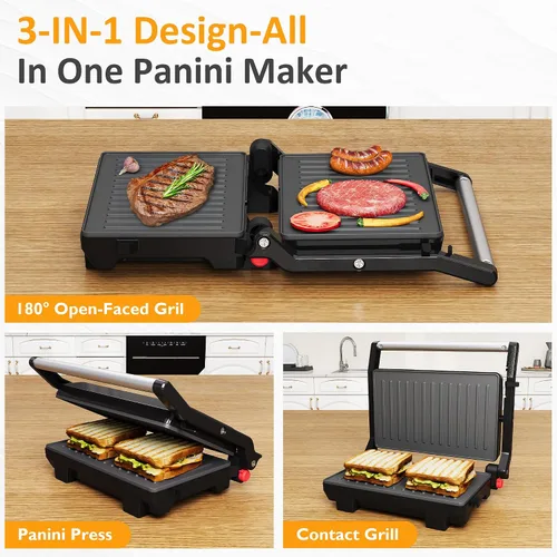 Miniatura 4 de Sunvivi Sandwichera Panini Press: Parrilla eléctrica de prensa Panini con tapa de bloqueo, fabricante de panini portátil para interiores con placas