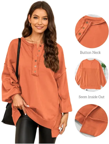 Miniatura 16 de AlvaQ - Sudadera de gran tamaño para mujer, informal, de manga larga, con botones y cuello Henley, tipo túnica