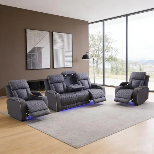 Miniatura 17 de Sofá reclinable individual eléctrico para muebles de sala de estar, silla reclinable de cuero con luces LED, puertos USB, almacenamiento oculto