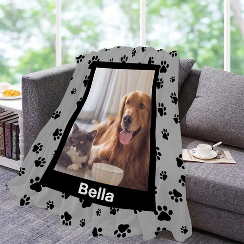 Miniatura 4 de Manta Personalizada de Huellas de Perro con Foto y Nombre para Amantes de Mascotas, Manta Suave de Franela de Vellón Regalo para Amantes de Perros