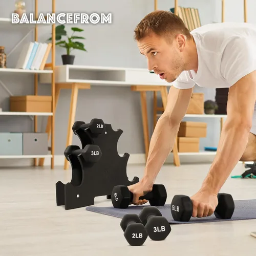 Miniatura 8 de BalanceFrom Neoprene Coated Iron Dumbbell Hex Weights Set with Stand – Color-Coded or Black Options with Non-Slip Grip for Strength Training