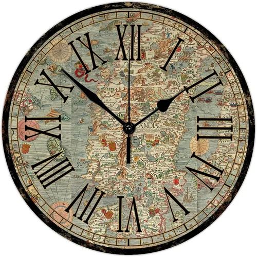 Miniatura 9 de Reloj de pared redondo de madera, estilo vintage, mapa del viejo mundo, movimiento de barrido, reloj de pared silencioso, estilo campestre, reloj