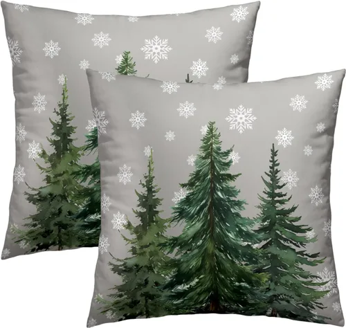 Miniatura 10 de Fundas de Almohada de Bosque de Pinos 22x22 Juego de 2, Fundas de Almohada Decorativas de Árboles de Abeto y Cedro Verde Nieve Beige de Invierno