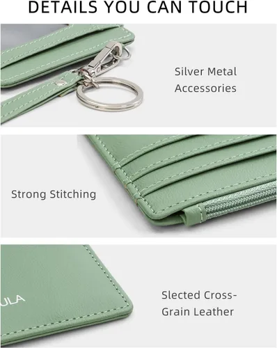 Miniatura 4 de Cartera de cuero suave con bloqueo RFID para mujer, con bolsillo con cremallera, pulsera delgada, Verde, Elegancia clásica