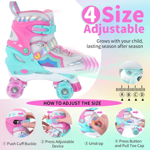Miniatura 3 de BELEEV Patines de ruedas para niñas, 4 tamaños ajustables con 8 ruedas LED iluminadas y cordones de zapatos, seguros y divertidos para niños
