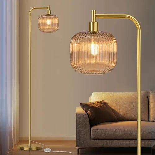 Miniatura 12 de QiMH Lámpara de pie de cristal para sala de estar, lámpara de pie moderna con pantalla de vidrio acanalado e interruptor de pedal, lámpara de 67