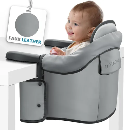 Miniatura 9 de Elegante silla alta de piel sintética con gancho para bebé, asiento de bebé portátil para comer, viajar y accesorio de mesa Gris