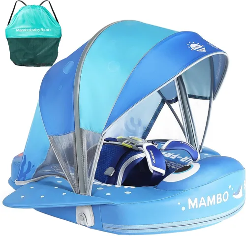 Miniatura 21 de Mambobaby Flotador con Toldo y Cola Nuevo Mejorado Flotador de Piscina No Inflable para Bebé Flotador de Natación Mambo Entrenador de Natación azul