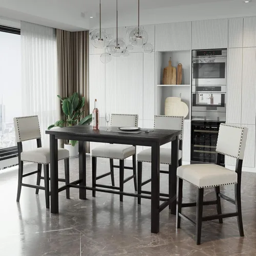 Miniatura 2 de P PURLOVE Juego de mesa de cocina de 5 piezas, mesa de comedor de altura de mostrador con mesa rectangular y 4 sillas acolchadas para lugares