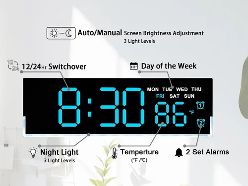 Miniatura 2 de JENLYSTIME Reloj despertador digital LED de 7 pulgadas con alarmas duales y luz inferior ｜ Muestra hora, fecha, día, temperatura ｜ Brillo