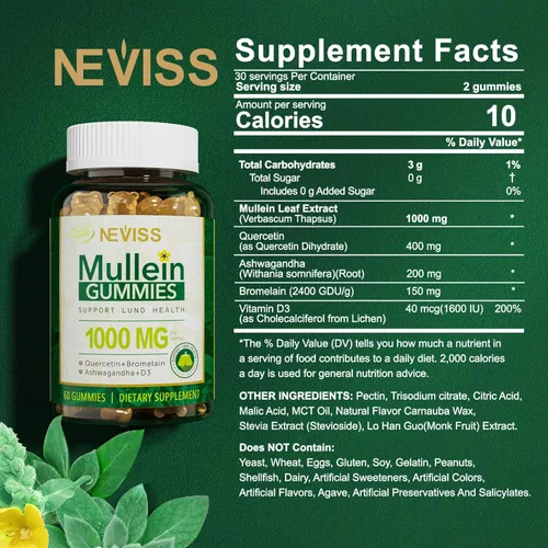Miniatura 2 de NEVISS Gomitas de gordolobo para pulmones, extracto orgánico de hoja de gordolobo de 1000 mg para sistema respiratorio con quercetina y bromelina