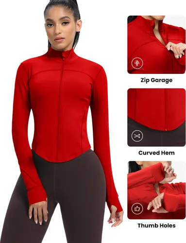 Miniatura 19 de AVGO Chaquetas de entrenamiento recortadas para mujer, con cremallera, ajustadas, atléticas, con agujeros para el pulgar