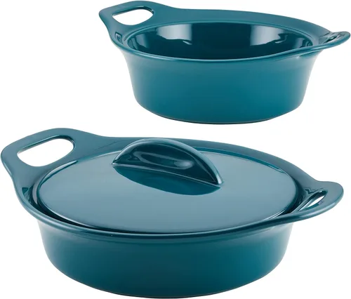 Miniatura 17 de Rachael Ray Solid Glaze Ceramics - Juego de utensilios para hornear/panadería con tapa compartida, 3 piezas, azul agave