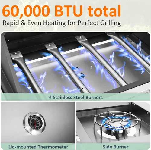 Miniatura 5 de Polar Aurora Parrilla de gas propano 4 quemadores con quemador lateral, carrito de parrilla de acero inoxidable con ruedas para patio al aire libre
