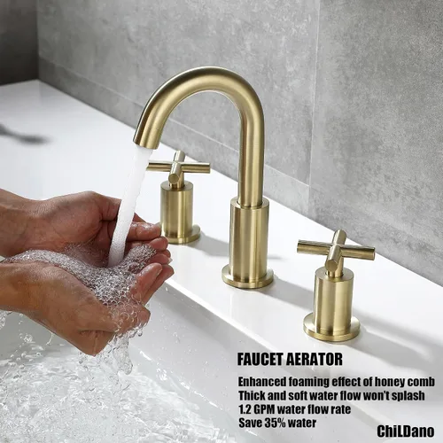 Miniatura 3 de ChiLDano CH2133BG - Grifo de baño de latón cepillado de 8 pulgadas, 2 manijas de latón con 3 agujeros para fregadero con válvula y montaje
