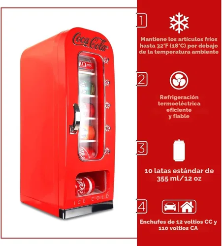 Miniatura 6 de Coca-Cola AC/DC Retro Enfriador Eléctrico Expendedor con Capacidad para 10 Latas - Máquina Expendedora de Bebidas con Enfriamiento Termoeléctrico
