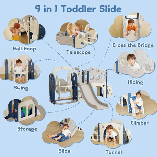 Miniatura 4 de Set de juego de tobogán y columpio 9 en 1 para niños pequeños, tobogán para niños de 1 a 3 años, juego de juego para interiores y exteriores con aro