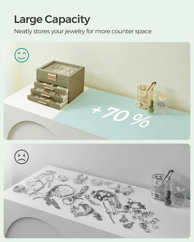 Miniatura 8 de SONGMICS Joyero organizador con tapa de cristal, almacenamiento de joyas de 4 capas, con 3 cajones, estilo moderno, 8 x 9.1 x 6.5 pulgadas