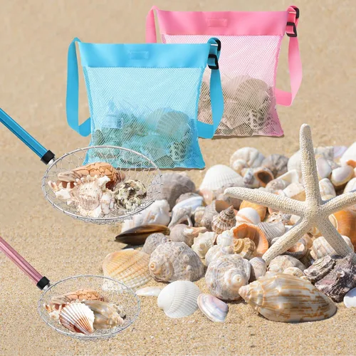 Miniatura 4 de Roshtia Paquete de 2 cucharas de tamiz de arena de playa con bolsas de concha, 18.5 a 30 pulgadas, tamiz de diente de tiburón adiustable, mango