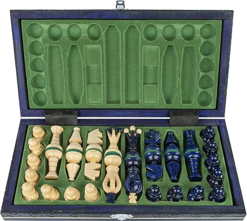 Miniatura 2 de Juego de ajedrez plegable de madera, tablero internacional de madera de arándano de París, piezas talladas vintage, 14 pulgadas