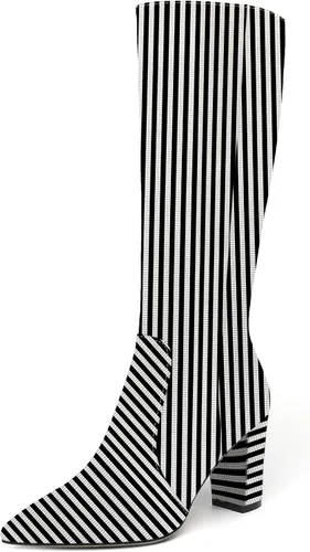 Miniatura 120 de AMBELIGHT Botas altas hasta la rodilla con cremallera y puntera puntiaguda para mujer, de patente sólida, tacón alto, 3.3 pulgadas