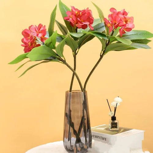 Miniatura 6 de XIYUAN Flores artificiales Frangipani de 35.5 pulgadas, 2 tallos realistas de tacto real, flores de plumeria artificiales para el hogar, fiesta, Rojo