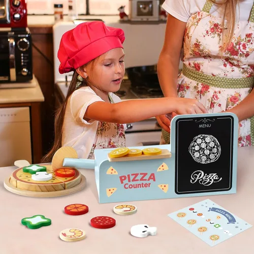 Miniatura 7 de Pillowhale Set de Pizza de Madera – 24 Piezas Juguete de Pizza de Juego Simbólico para Cortar y Servir, Corte con Velcro, Juego de Rol de Cocina