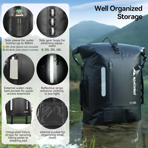 Miniatura 2 de MARCHWAY Mochila impermeable con parte superior enrollable, bolsa seca flotante de 20L/30L/45L con base rectangular ergonómica, espalda acolchada