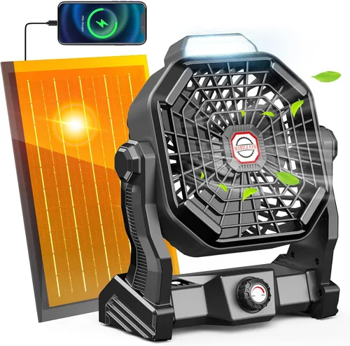 Miniatura 11 de Ventilador recargable con energía solar, (30 horas de funcionamiento) ventiladores de camping solares y linterna LED, ventilador portátil de 8