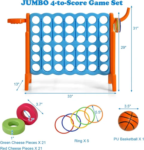 Miniatura 7 de Costzon Giant 4 en una fila, Jumbo 4 a puntuación, juego gigante con aro de baloncesto, lanzamiento de anillos, deslizador de liberación rápida, 42