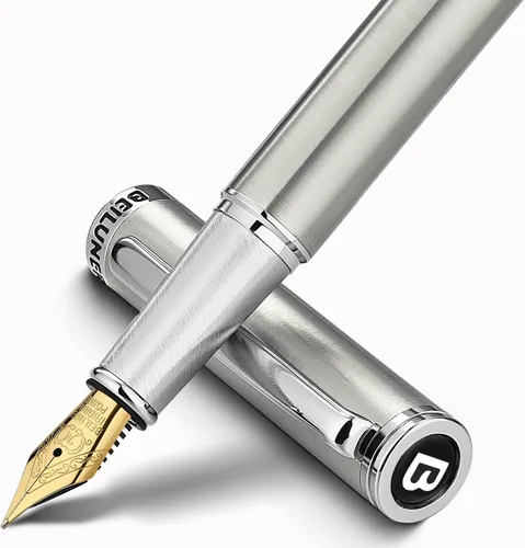 Miniatura 8 de BEILUNER Conjunto de pluma estilográfica de lujo, plumín fino sólido bañado en oro 24K, cuerpo de acero inoxidable plateado - Incluye 6 cartuchos