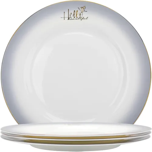 Platos llanos de porcelana fina de hueso, platos de renderizado Sradient gris ahumado de 10.5 pulgadas, juegos de vajilla chapados en oro de 24