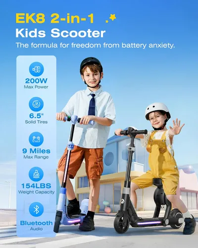 Miniatura 2 de ECOROAD Scooter eléctrico 2 en 1 para niños EK8, motor de 200 W y rango de 9 millas, hasta 10 MPH, sistema de freno doble, música Bluetooth y altura