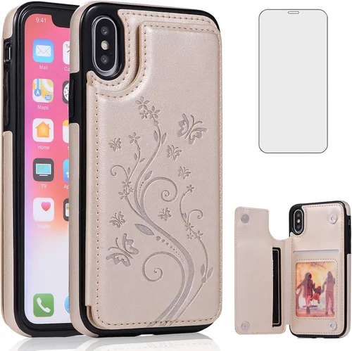 Miniatura 11 de Funda de teléfono para iPhone Xs Max de 6.5 pulgadas 2018 con protector de pantalla de vidrio templado, tarjetero con tapa de cuero para celular i X