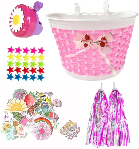 Miniatura 7 de Accesorios de decoración de bicicleta para niños, cesta de scooter de bicicleta, campana de bicicleta para niños, serpentinas y calcomanías de mango