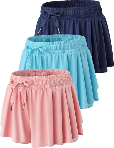 Paquete de 3 pantalones cortos deportivos fluidos para mujer Pantalones cortos de correr mariposa 2 en 1 con forro de spandex incorporado, gimnasio